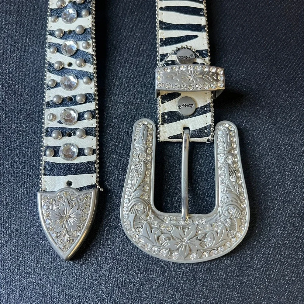 BHW Zebra Print Rhinestone Western Belt L Genuine Leather Cross Studded Rodeo
